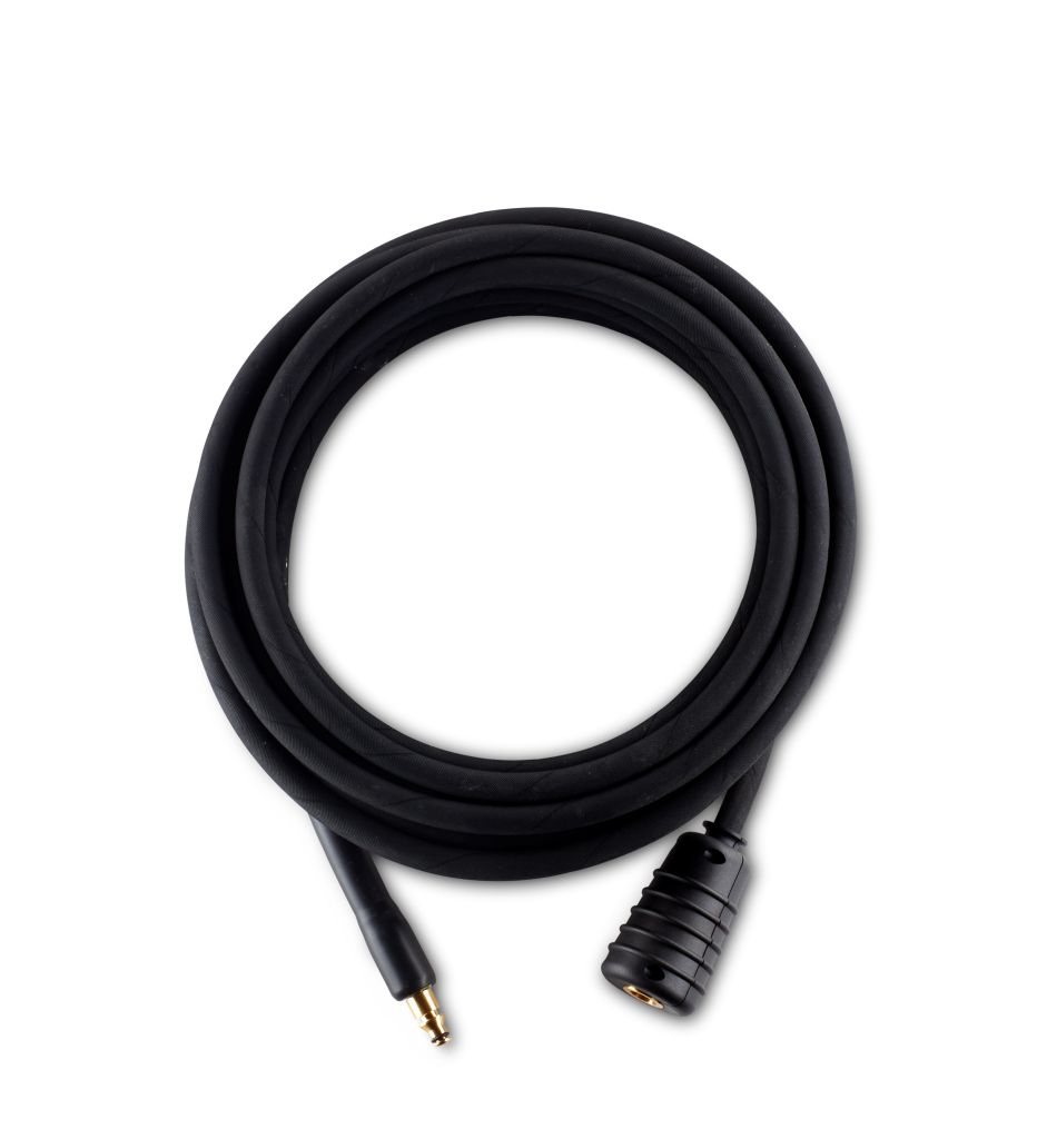 Black high pressure washer hose by UK, coiled on a white background.