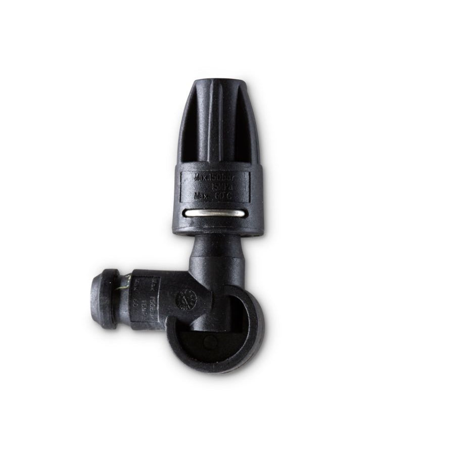 Black undercarriage nozzle for high-pressure cleaners by ES, featuring an elbow joint and ribbed detailing.