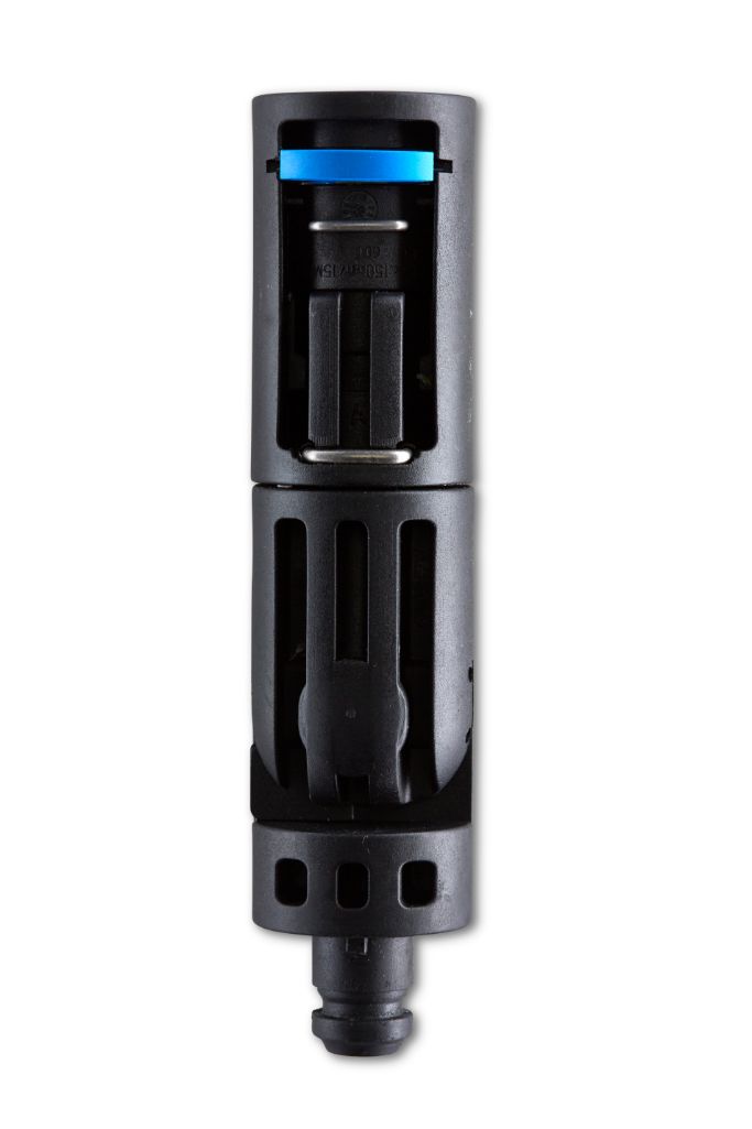 Black multivinkel adapter til højtryksrensere, with a blue accent.