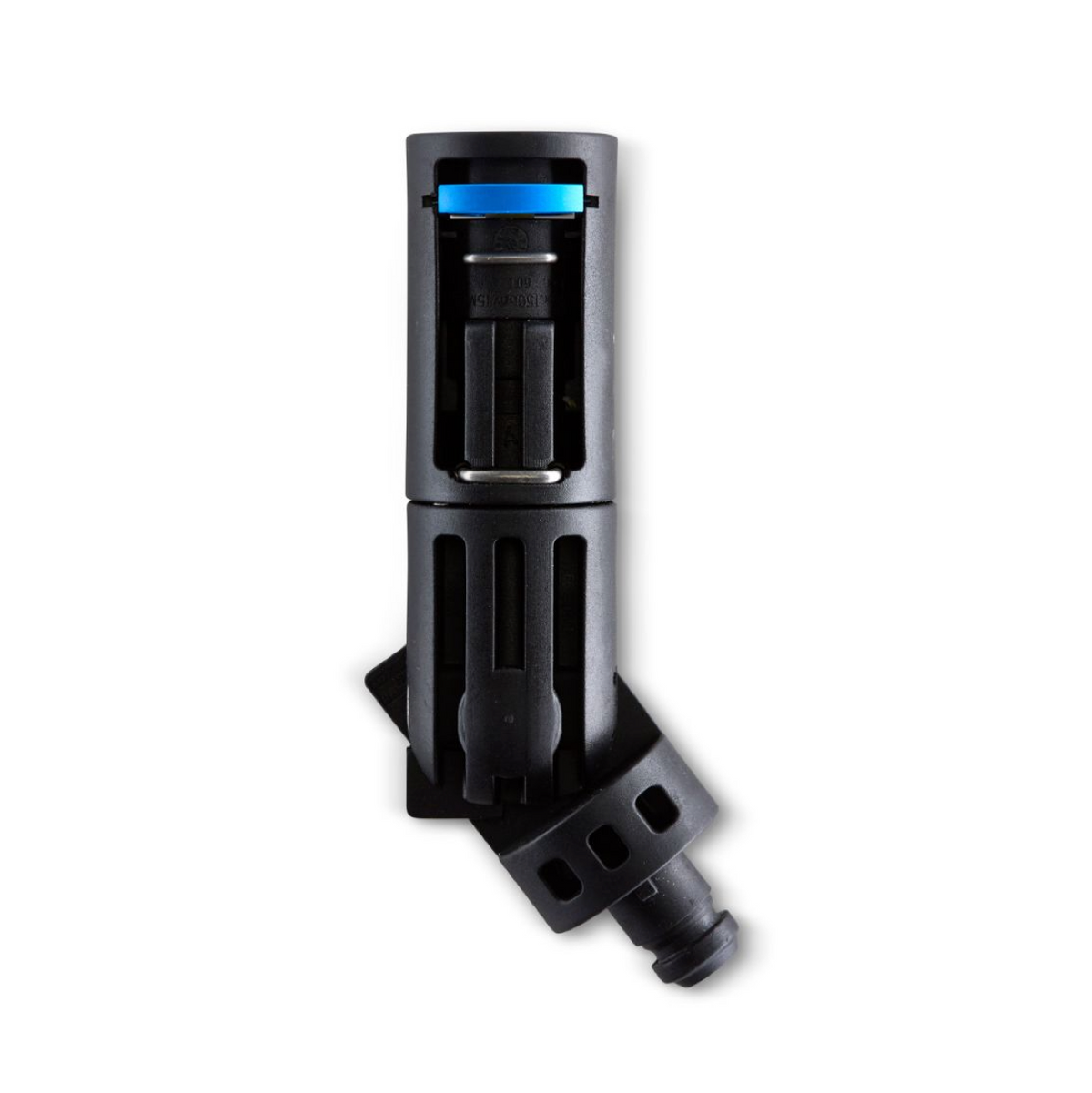 Multi-angle adapter for pressure washers by Nilfisk, showing the head with blue detail, in a studio shot.
