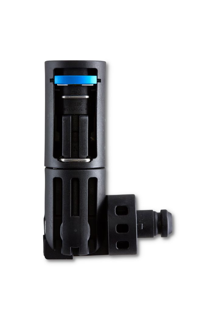 Black multivinkel adapter til højtryksrensere, with blue accent, with 90 degree rotating elbow joint.