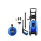 Blue and black pressure washer by Nilfisk with various attachments, including brush, spray nozzles, and hose.