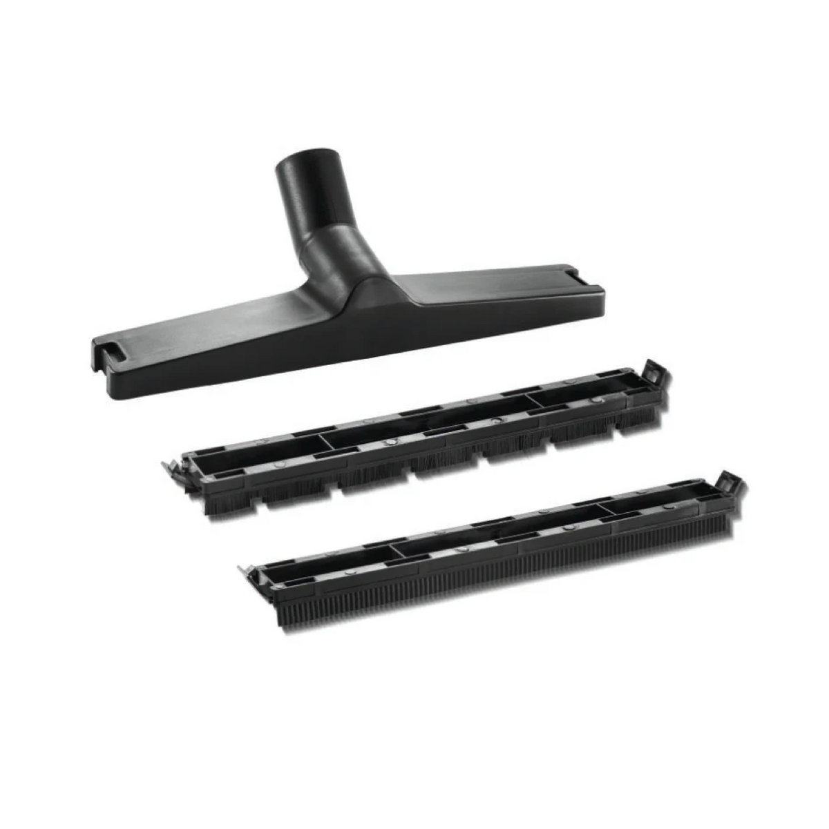 Black wet/dry vacuum cleaner nozzle set by ES, with interchangeable brush attachments.