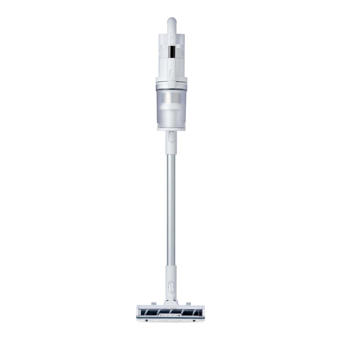 White cordless stick vacuum cleaner by [Inferred Brand] with clear dustbin canister and LED base.