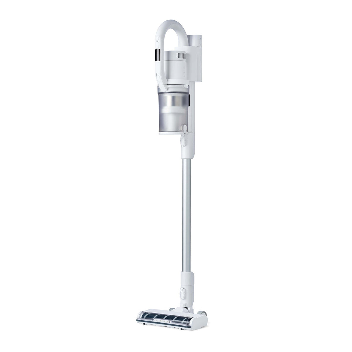 White cordless stick vacuum cleaner by unknown brand with a transparent dustbin and LED lights.