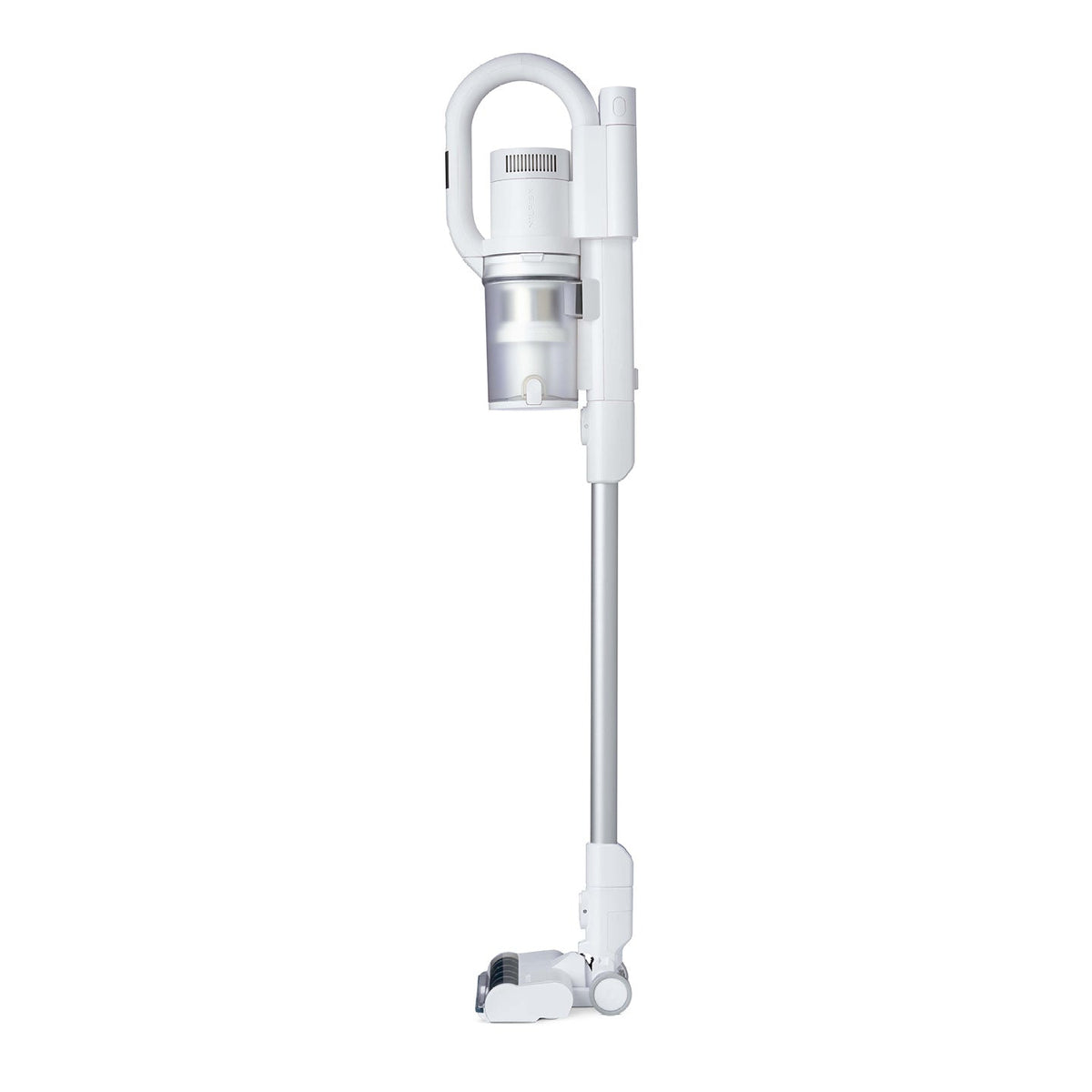 White cordless stick vacuum cleaner from Allergy with a slim, lightweight design.