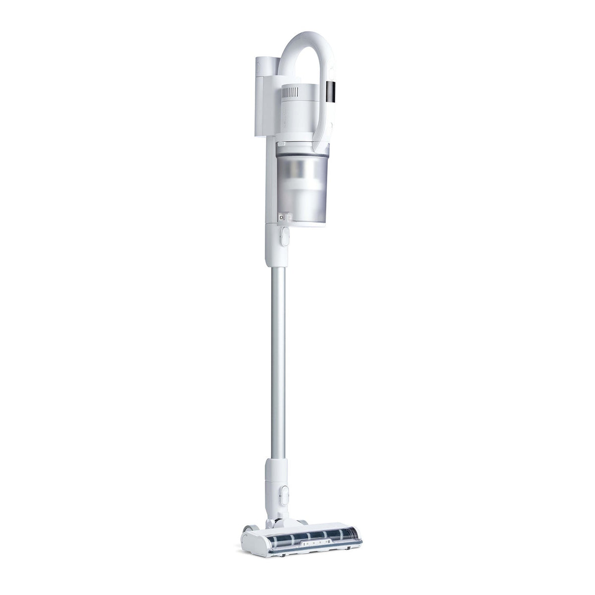 White cordless stick vacuum by ALLERGY with a transparent dustbin and brush head.
