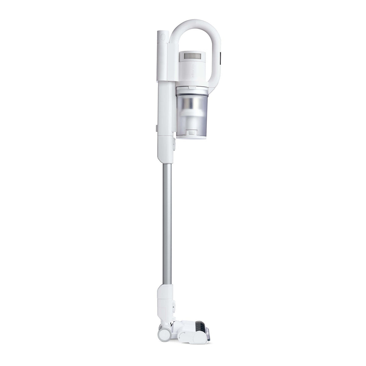 White cordless stick vacuum by unknown brand featuring a sleek, modern design.