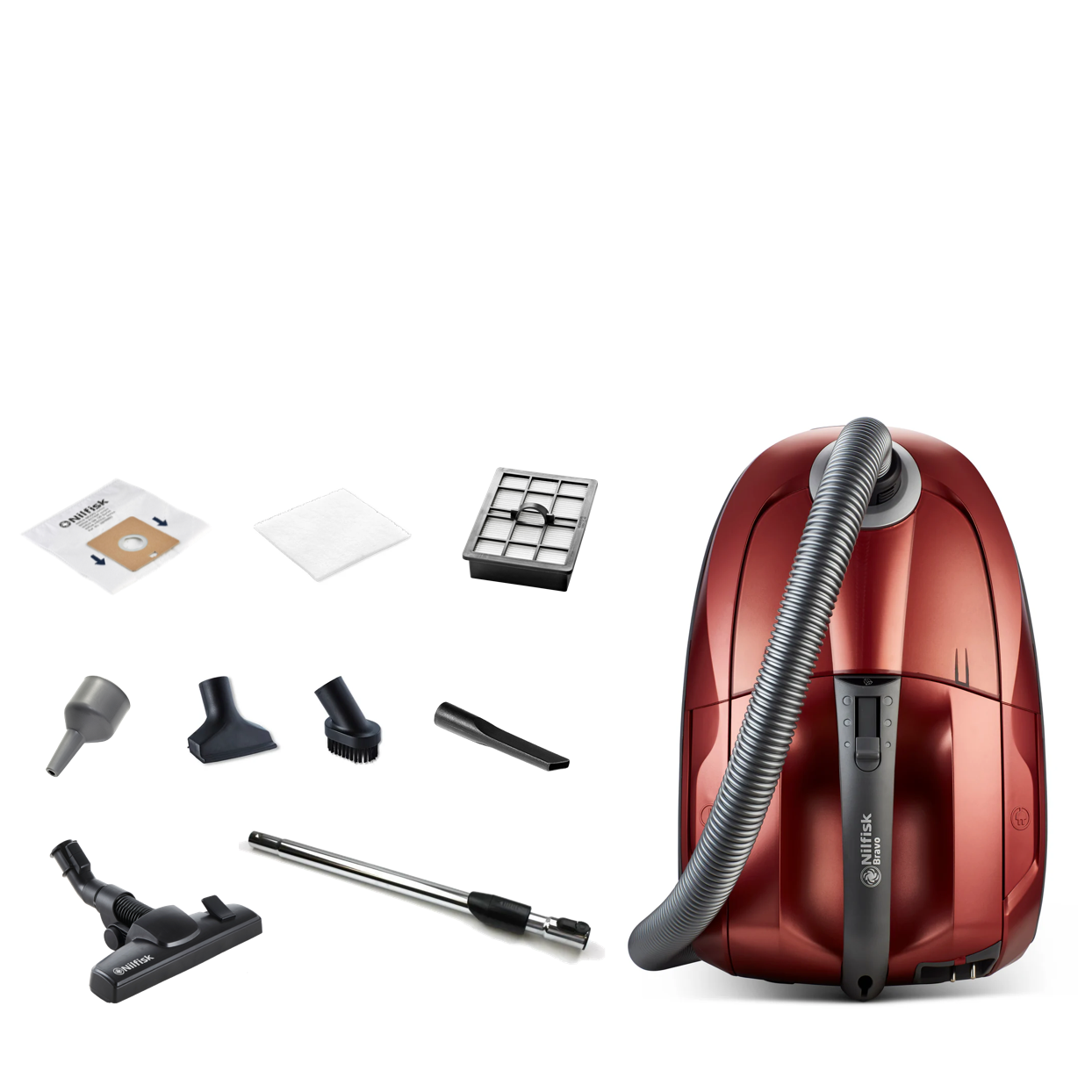 Red canister vacuum cleaner by Nilfisk, shown with hose, wand, and attachments.
