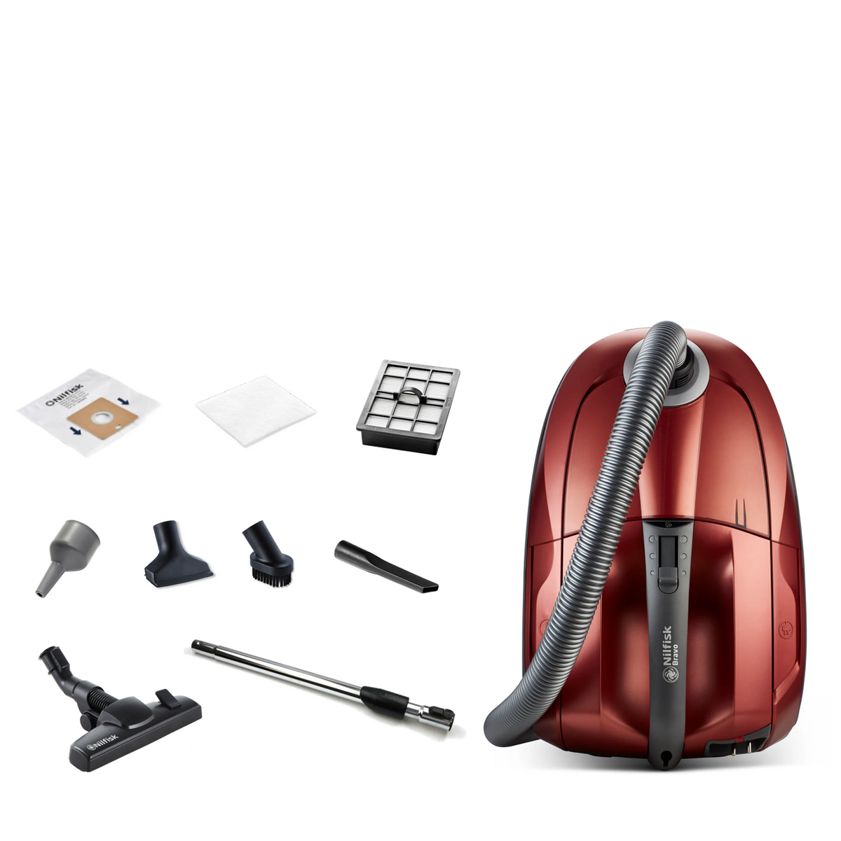 Red canister vacuum cleaner by Nilfisk with hose attached, alongside accessories like filters and brush heads.
