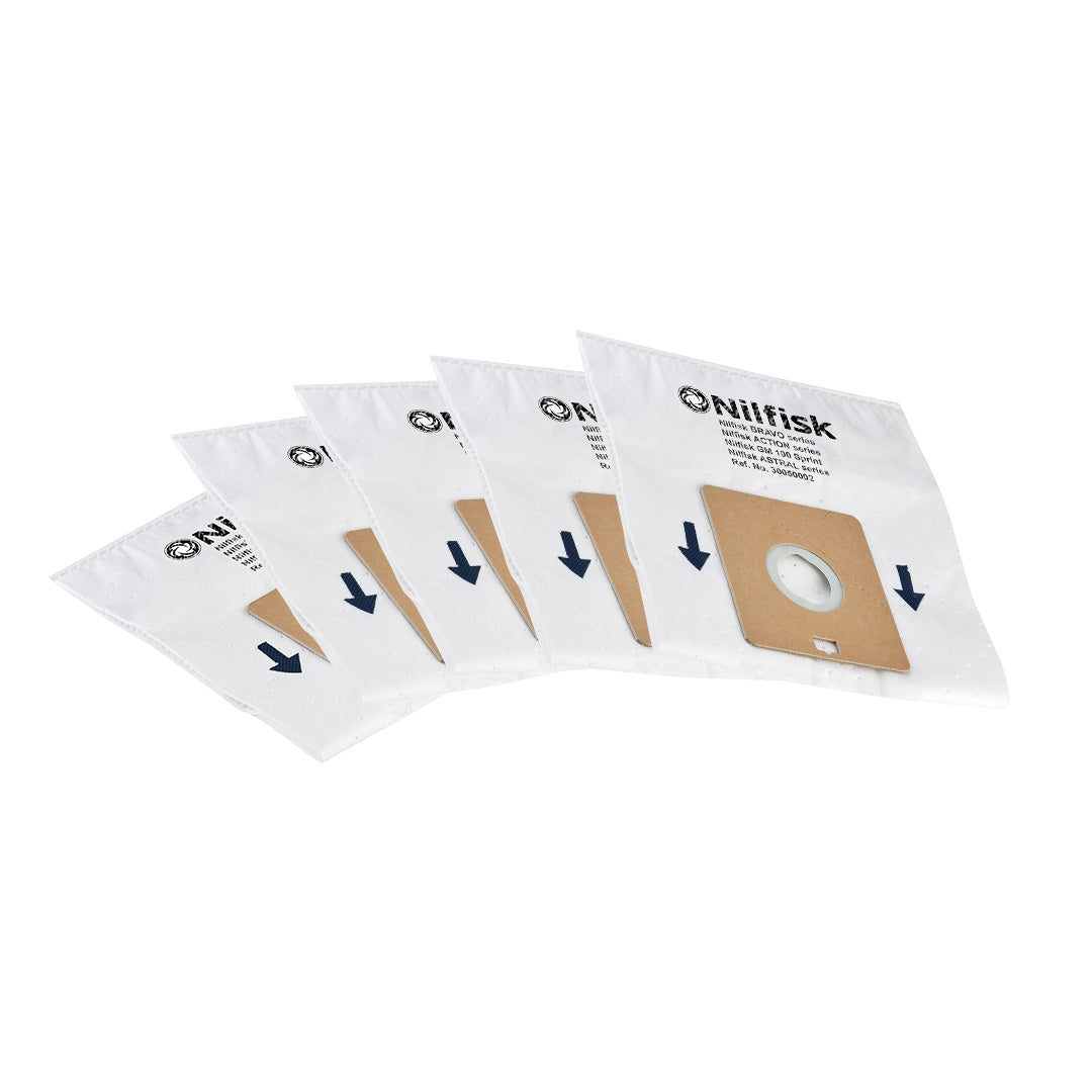Vacuum cleaner bags for Action and Bravo series by Nilfisk, arranged in a fanned row.
