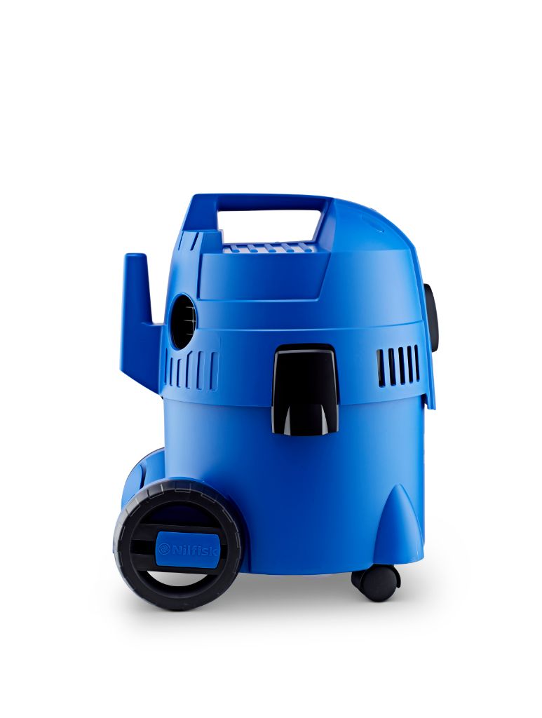 Blue wet and dry vacuum cleaner from Nilfisk, featuring a handle, wheels, and ventilation grills.