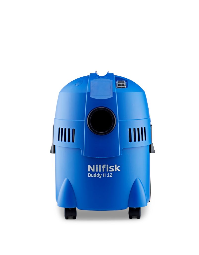 Blue wet and dry vacuum cleaner by Nilfisk, shown in a front view.