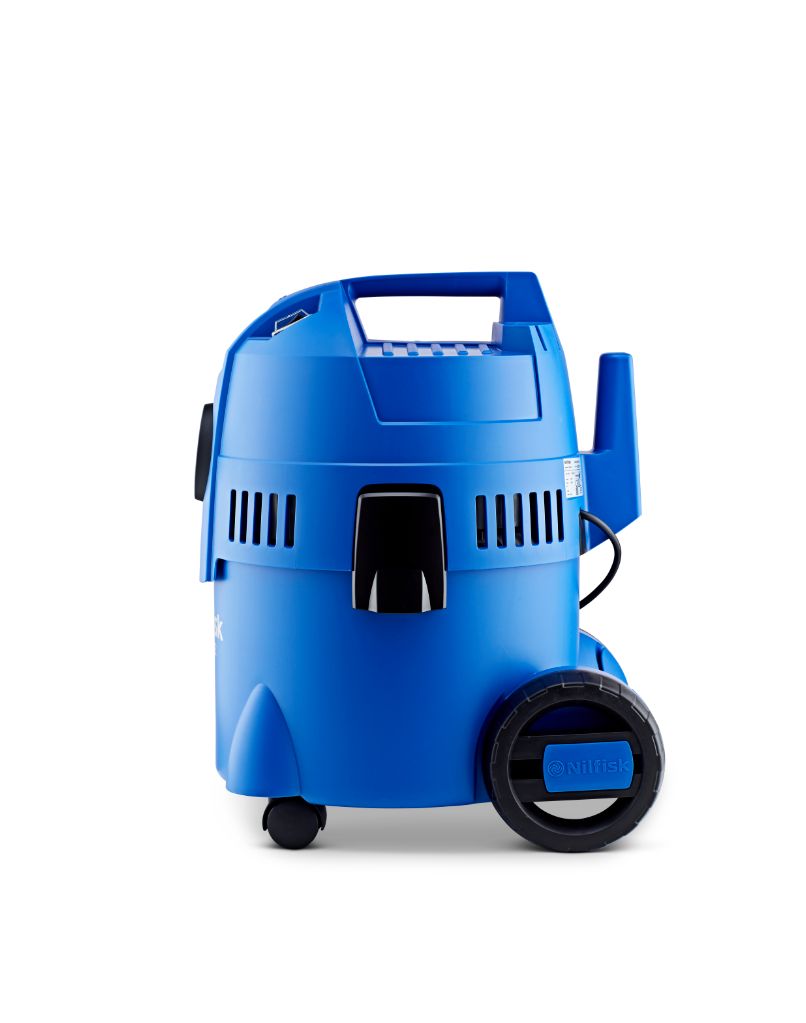 Blue wet and dry vacuum cleaner from Nilfisk, shown at a side angle.