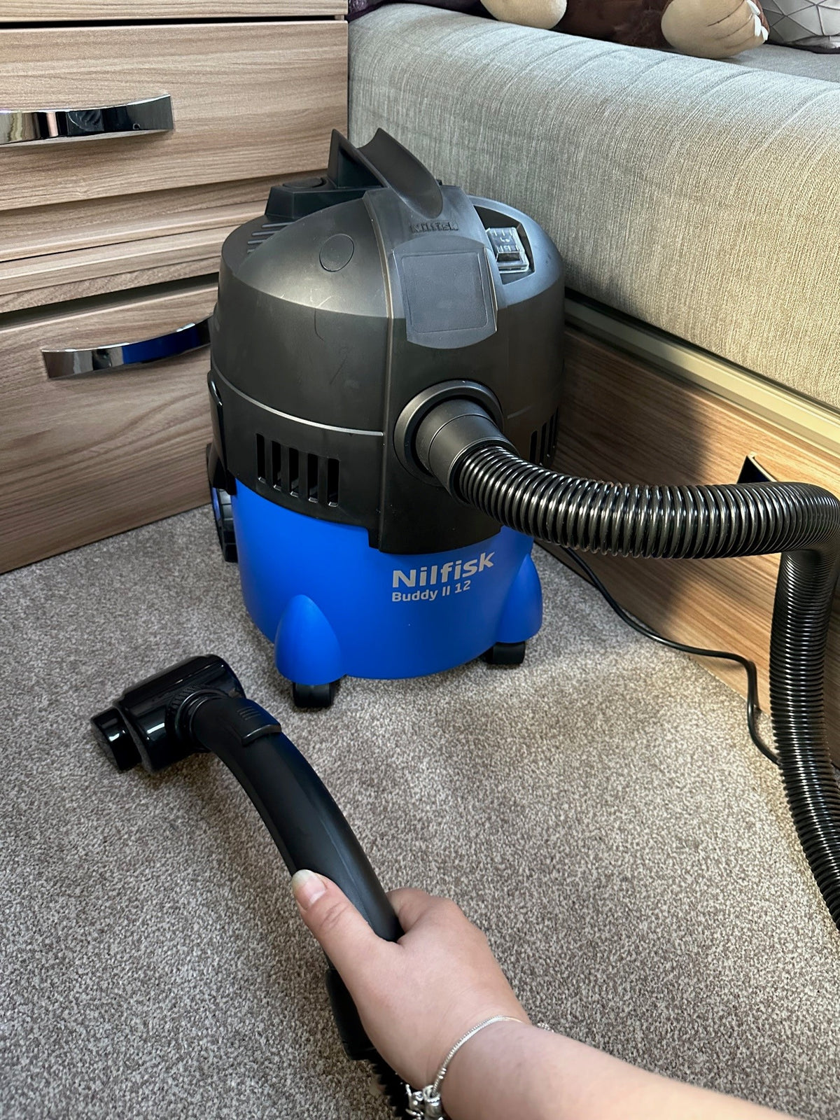 Blue wet/dry vacuum by Nilfisk with a black hose and cleaning head on a carpeted floor.
