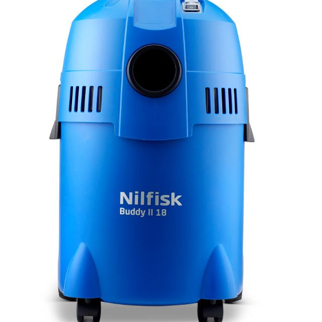 Blue wet/dry vacuum by Nilfisk with round nozzle and vent holes on the top portion.