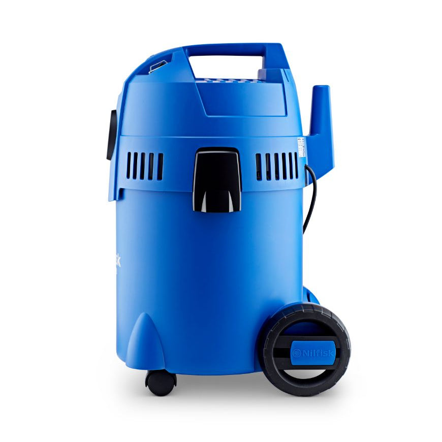 Blue wet/dry vacuum by Nilfisk, seen in a studio shot from a side perspective.