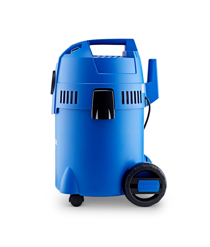 Blue wet/dry vacuum by Nilfisk, seen in a studio shot from a side perspective.