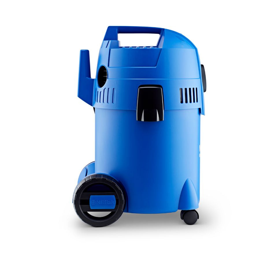 Blue wet/dry vacuum cleaner from Nilfisk with black accents and wheels, in a side view.