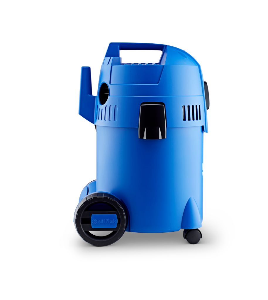 Blue wet/dry vacuum cleaner from Nilfisk with black accents and wheels, in a side view.