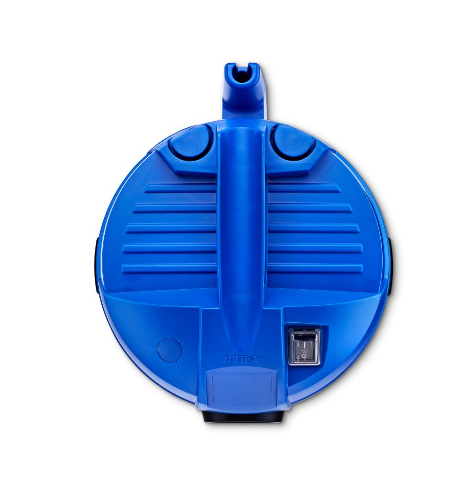 Blue wet and dry vacuum cleaner by Nilfisk, shown from above.