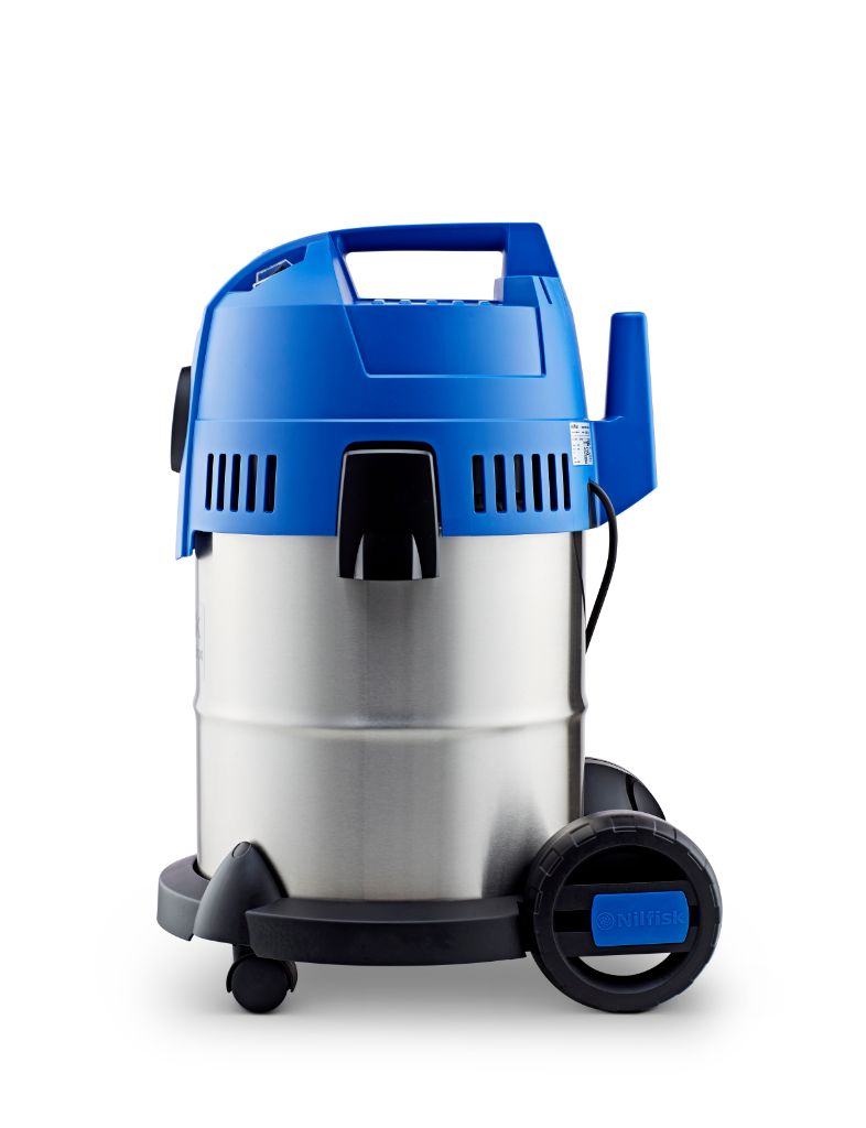 Stainless steel wet/dry vacuum cleaner from Nilfisk, with a blue motor housing and black wheels.