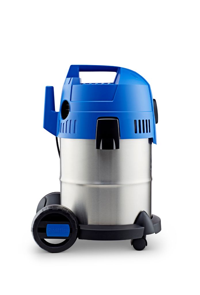 Blue and silver wet/dry vacuum cleaner by Nilfisk with black wheels and a stainless steel drum.
