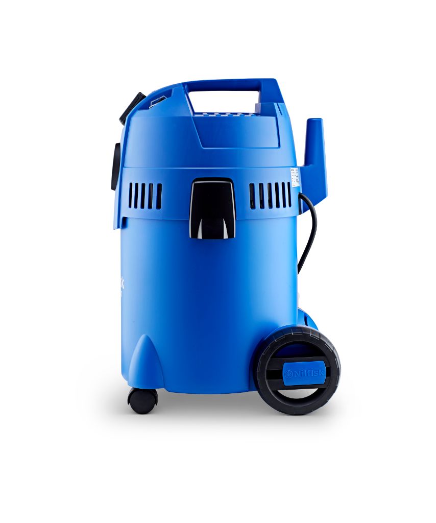 Blue wet/dry vacuum by Nilfisk, shown in a side view.