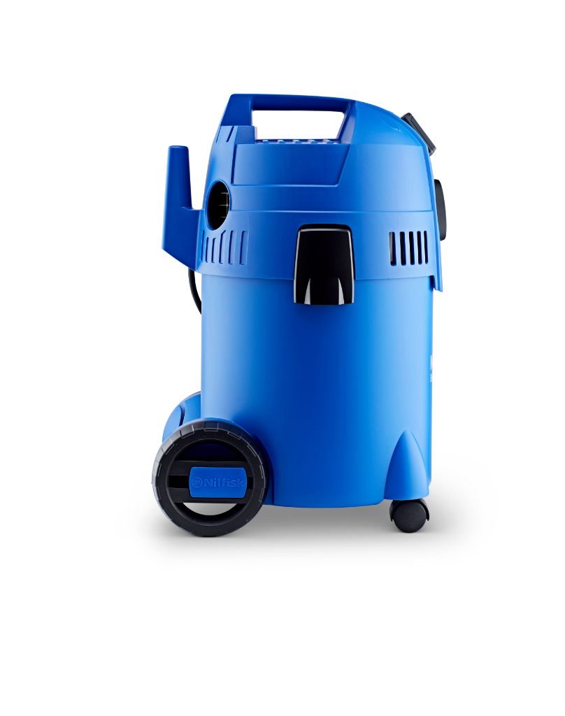 Blue wet/dry vacuum by Nilfisk with a black handle and wheels on a white background.