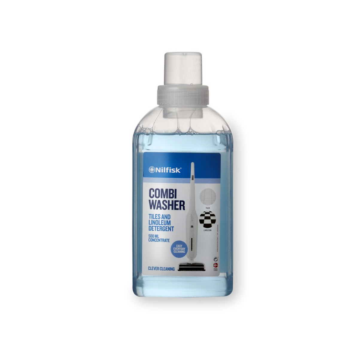 Vacuum cleaner accessory by Nilfisk featuring a blue liquid in a clear bottle with labels.
