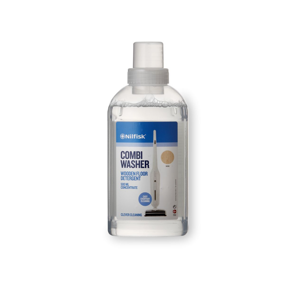Wooden floor detergent by Nilfisk in a clear bottle with a white label.