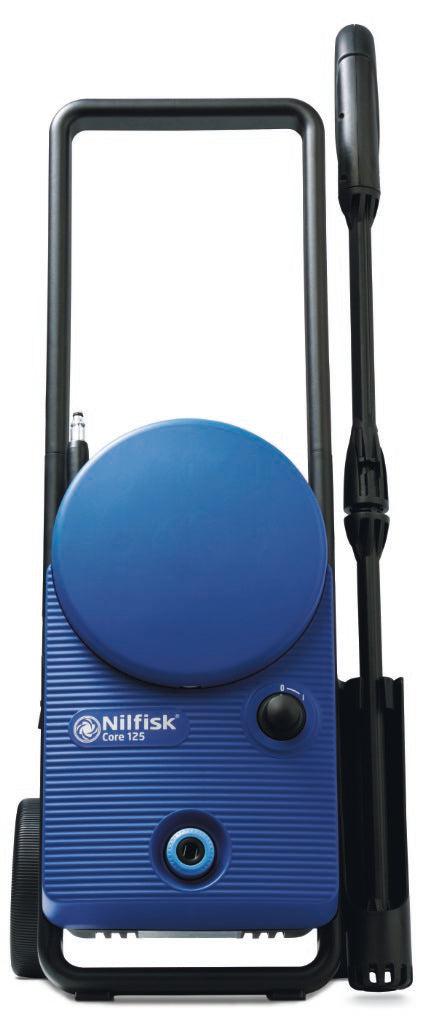 Blue high pressure washer by Nilfisk, featuring a black handle and hose, as well as horizontal line texture.