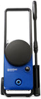 Blue high pressure washer by Nilfisk, featuring a black circular hose reel and a black handle.