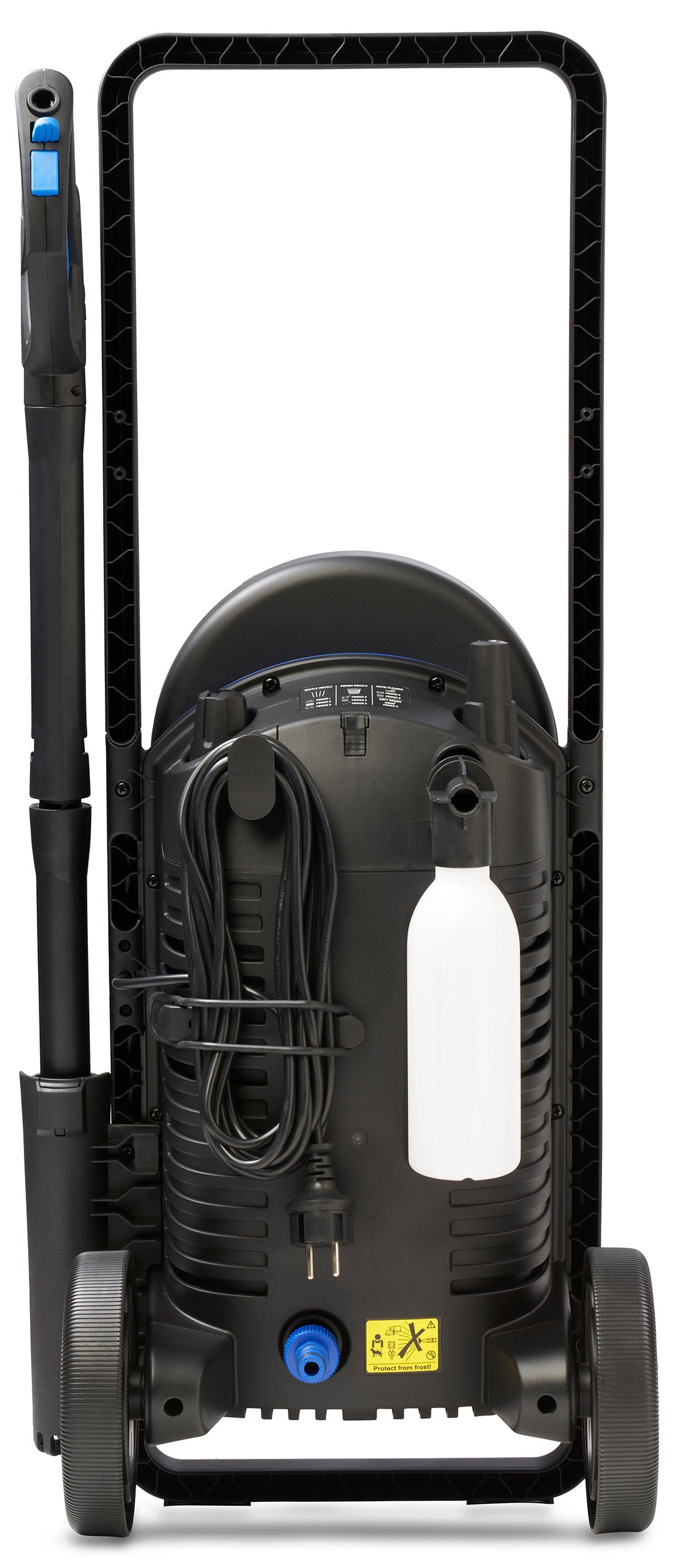 Pressure washer for car washing with black frame by Nilfisk, showing the back, including power cord and soap container.