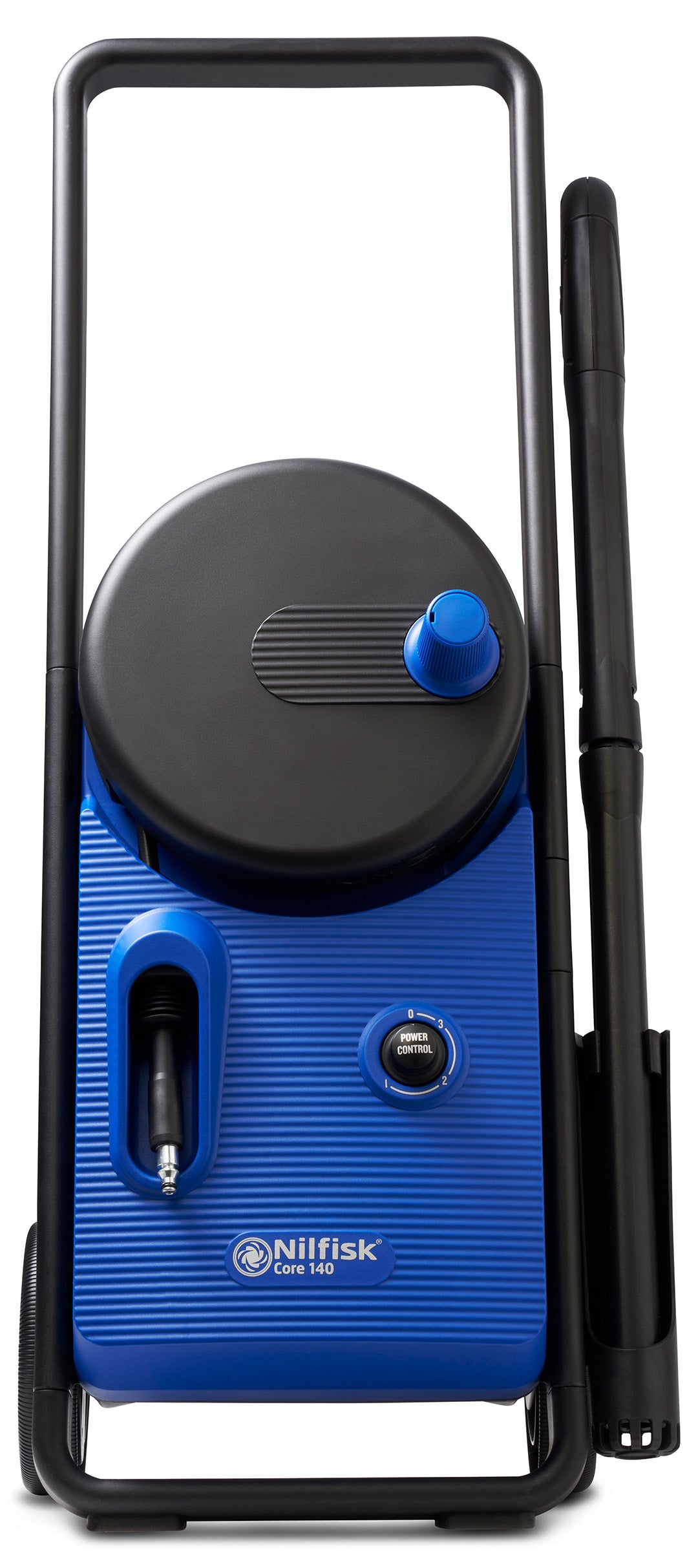 Blue high-pressure cleaner by Nilfisk, featuring a hose reel and power control dial.
