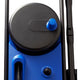 Blue pressure washer by Nilfisk with black hose reel and spray gun.