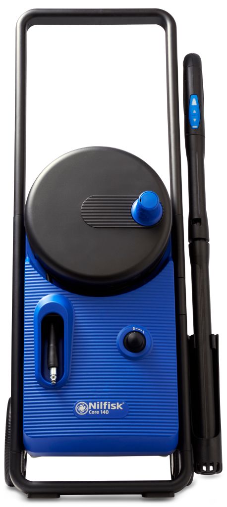 Blue pressure washer by Nilfisk with black hose reel and spray gun.