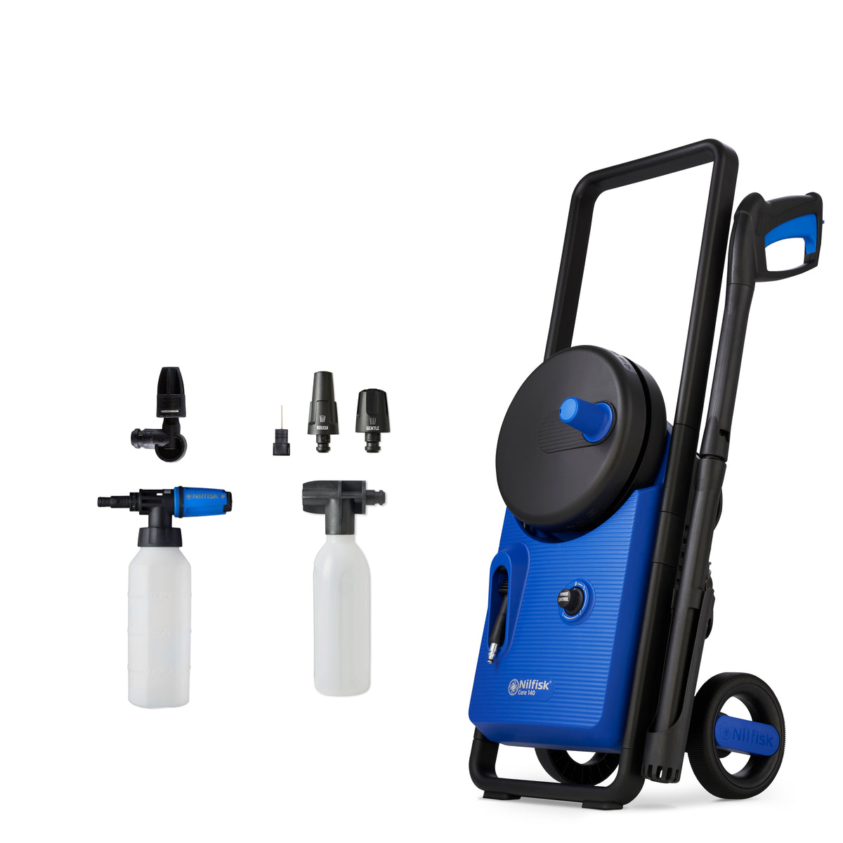 Blue and black high-pressure washer with textured body, black handle, wheels, and accessories including spray nozzles and foam bottles, by Nilfisk, side view.