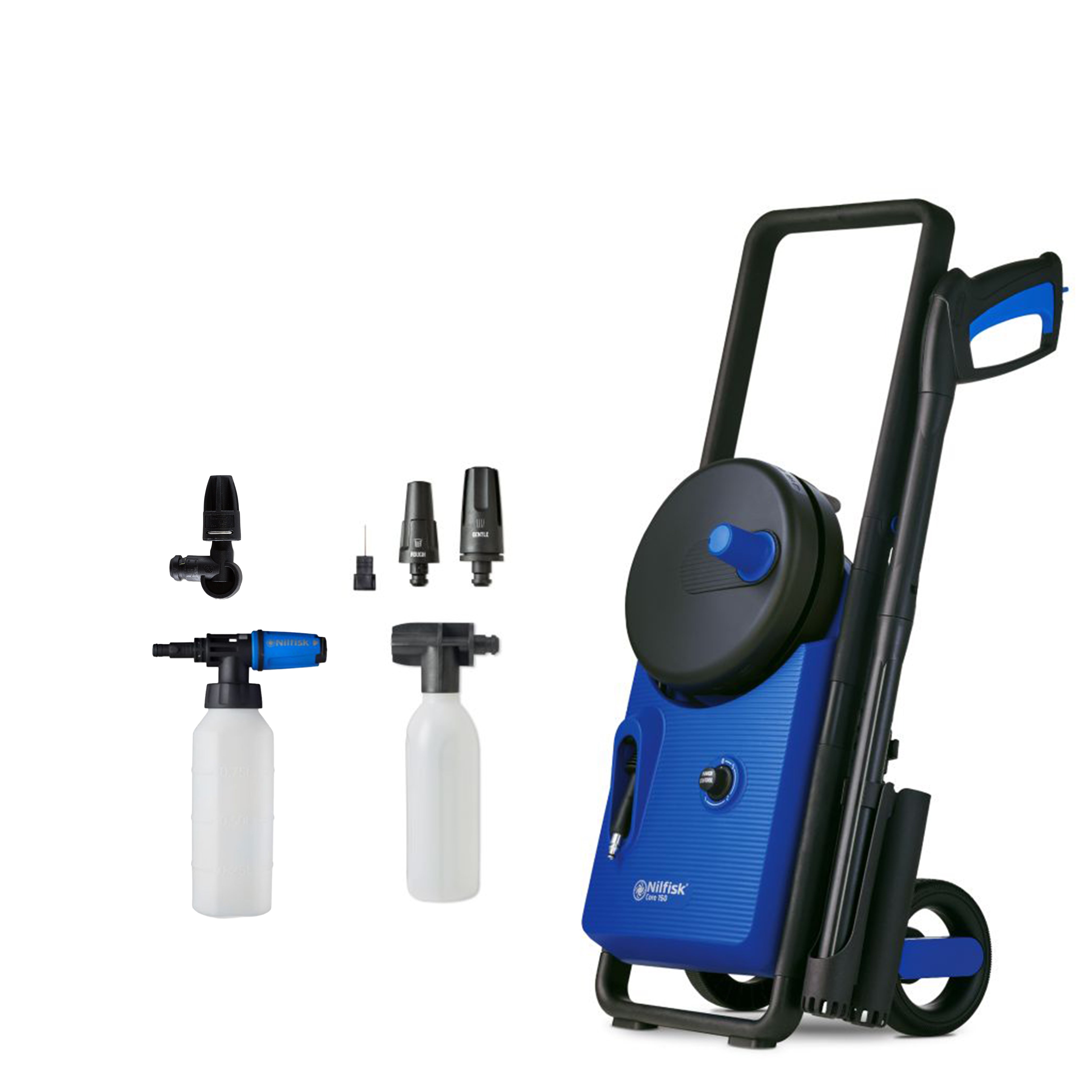 Blue and black high-pressure washer with hose reel and accessories by Nilfisk, featuring multiple nozzles and detergent bottles, side view.