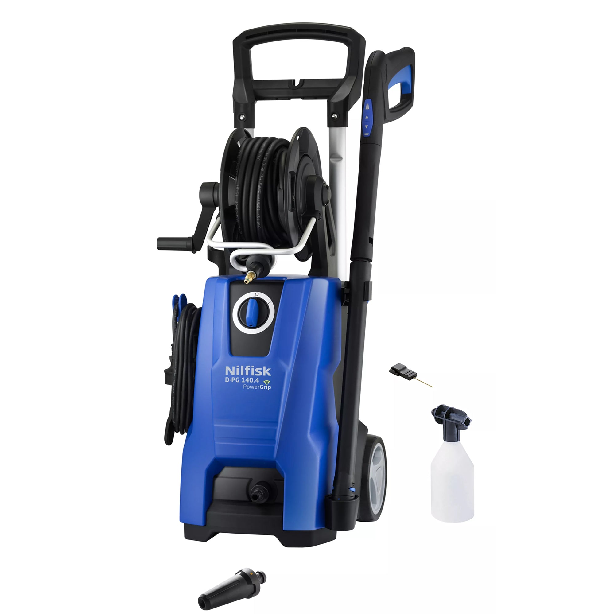 Blue pressure washer by Nilfisk, with hose reel and accessories against a white background.
