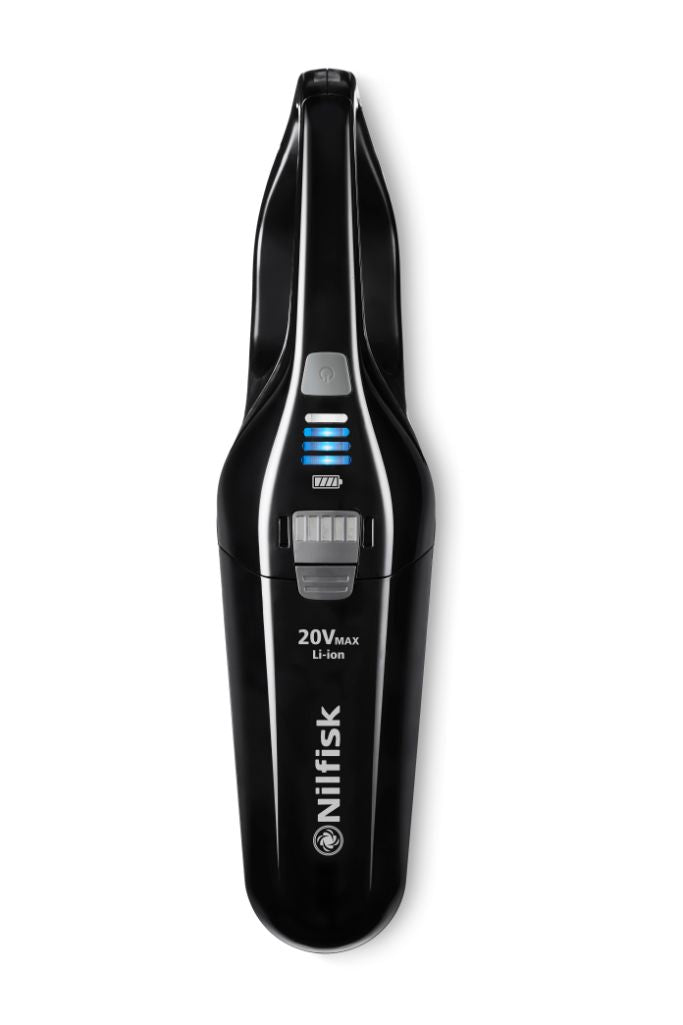 Black cordless vacuum cleaner by Nilfisk with power indicator lights and ergonomic handle.
