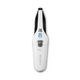 White cordless handheld vacuum cleaner by Nilfisk, featuring battery indicator and grey switch.