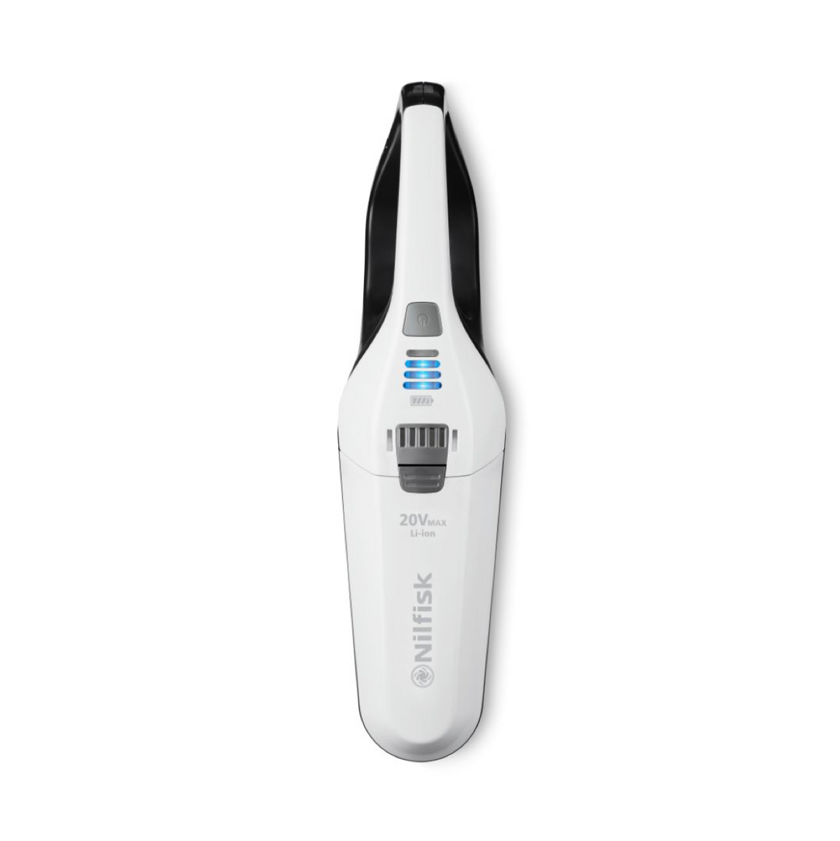 White cordless handheld vacuum cleaner by Nilfisk, featuring battery indicator and grey switch.