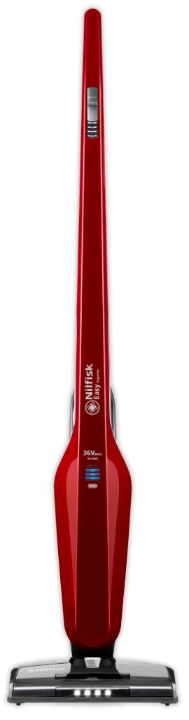 Red stick vacuum cleaner by Nilfisk with silver accents and a lighted cleaning head.