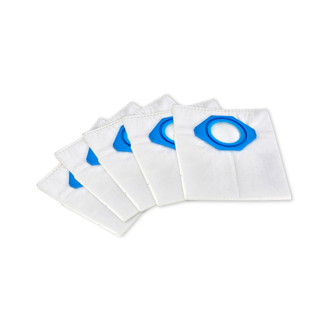 White vacuum cleaner bags, 5 pieces, for GM80 vacuum cleaner, staggered on white.
