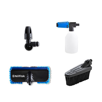 Pressure washer cleaning kit, four pieces, by Nilfisk, including an angled nozzle, foam sprayer, wash brush, and rim brush.