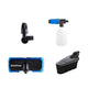 Pressure washer cleaning kit, four pieces, by Nilfisk, including an angled nozzle, foam sprayer, wash brush, and rim brush.