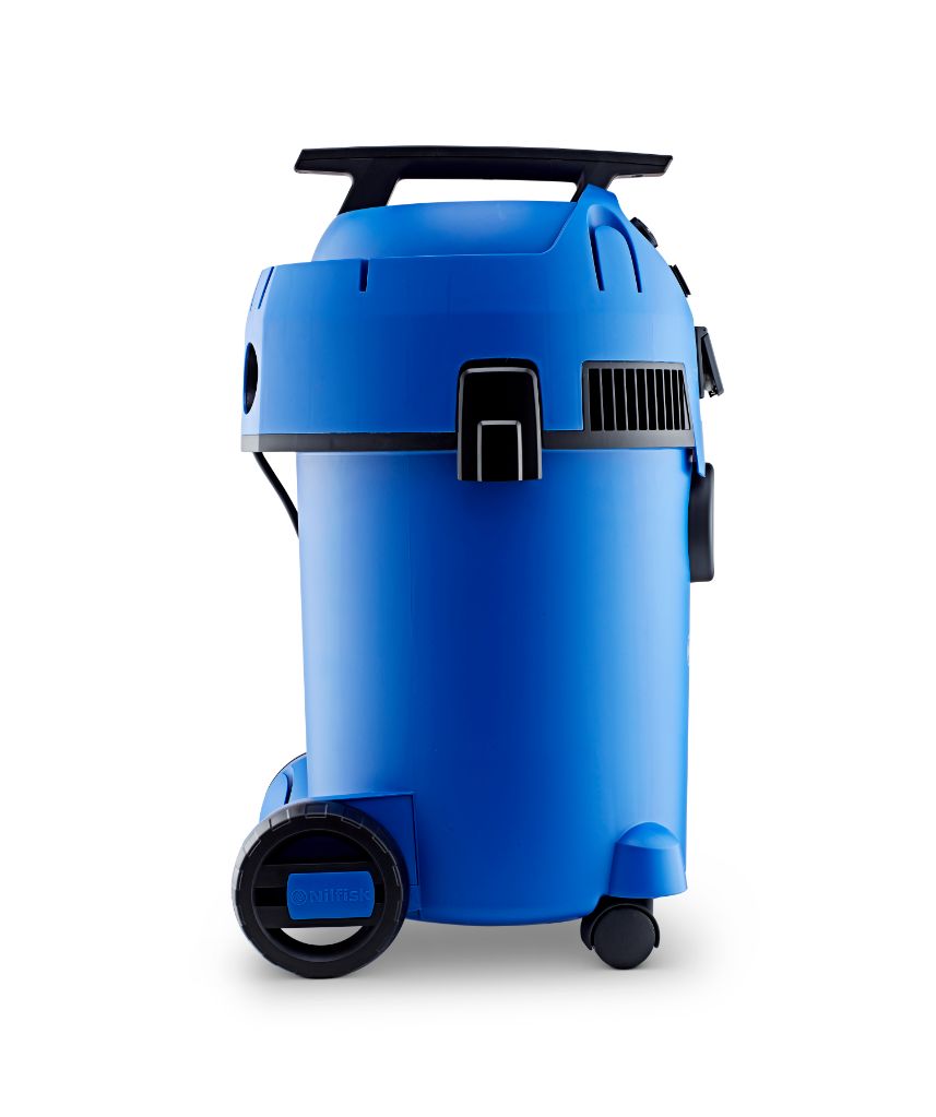 Blue wet and dry vacuum cleaner by Nilfisk, shown in a side view.