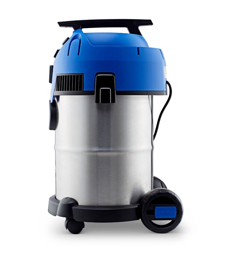 Stainless steel wet and dry vacuum cleaner by Nilfisk, featuring a blue top, black handle, and black wheels.
