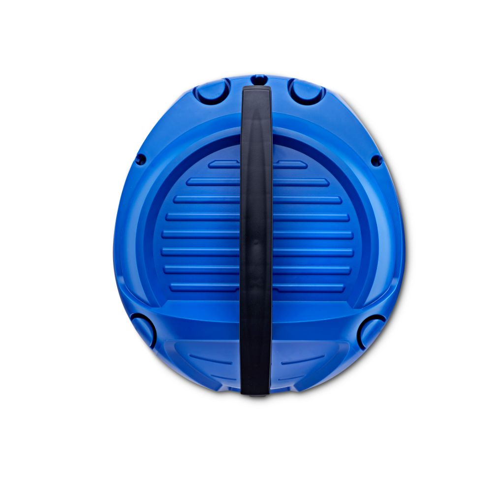 Blue wet/dry vacuum cleaner by Nilfisk with a black handle over a slotted design on white.